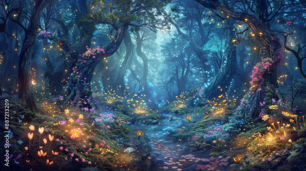 Poster a path through a magical forest glows with fireflies and moonlight, surrounded by glowing flowers an
