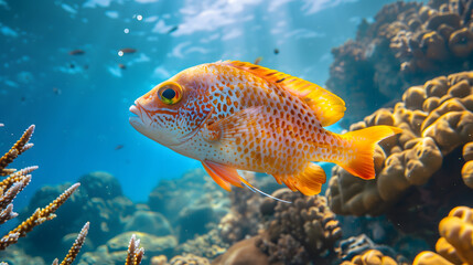 Fototapeta premium Orange Shoulder Fish swimming in the ocean Below is a beautiful coral reef. The water was blue and the sun was shining on it. Orange Shoulder Fish