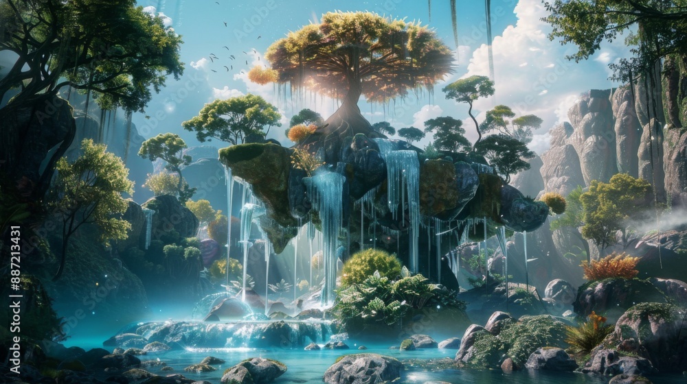 Poster a large tree stands atop a cliff overlooking a cascading waterfall in a vibrant, mystical forest. lu