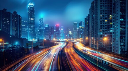 Fototapeta premium Vibrant Night Cityscape with Light Trails and Skyscrapers Illuminated in Neon Lights