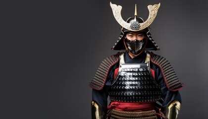 A young and handsome Japanese man in full Samurai armor with lacquer mask against a grey background