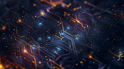 Fototapeta premium Futuristic circuit board with glowing lights and vibrant colors, perfect for technology-focused projects, innovation themes, and digital backgrounds.