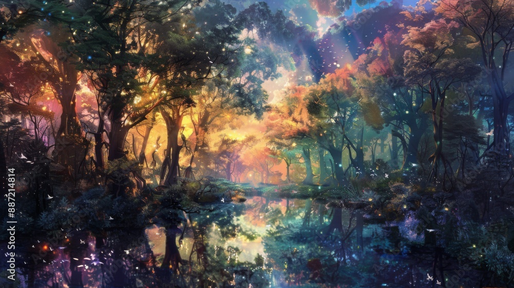Poster a magical forest scene with a still river reflecting the colorful sky, surrounded by trees and glowi
