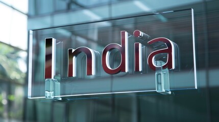 A glass sign with the word India written in red and silver lettering, mounted on a glass building exterior