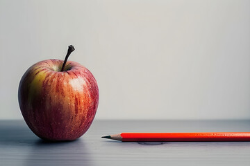 Red apple beside a red pencil on a minimalist gray desk, ideal for back-to-school themes, education marketing, and office inspirations. Includes ample copy space.