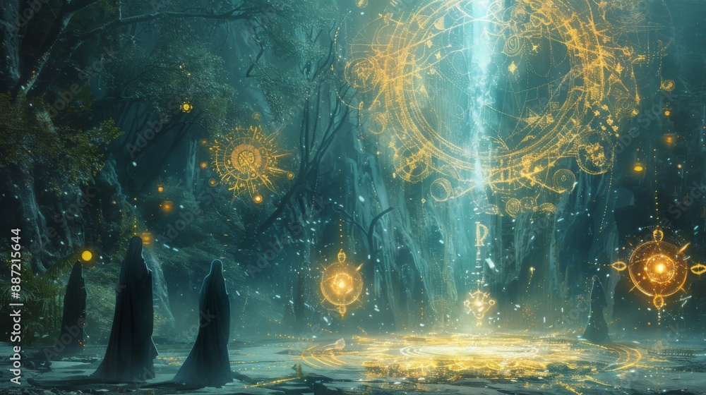 Aufkleber three figures stand before a glowing portal in a mystical forest, surrounded by glowing orbs and int