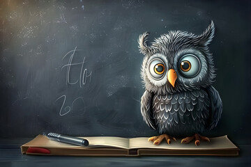 Obraz premium Cute cartoon owl sitting on an open book in front of a chalkboard, perfect for back to school concepts. Ideal for educational, children's, and academic themes.