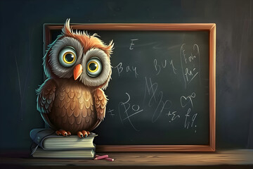 Adorable cartoon owl on stack of books, chalkboard background with math equations, back-to-school theme, perfect for educational content, classrooms, and children's materials.