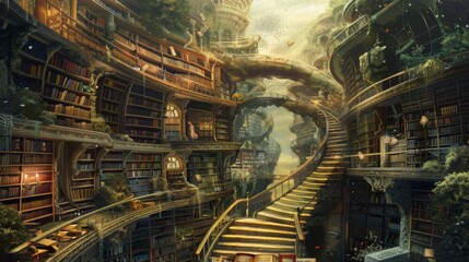 A grand, multi-level library filled with books, surrounded by lush greenery and illuminated by warm light. A winding golden staircase leads up to higher levels.