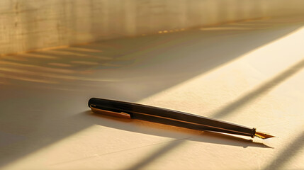 Elegant fountain pen on sunlit surface with warm shadows, ideal for stationery marketing, business presentations, and creative projects. Copy space available.