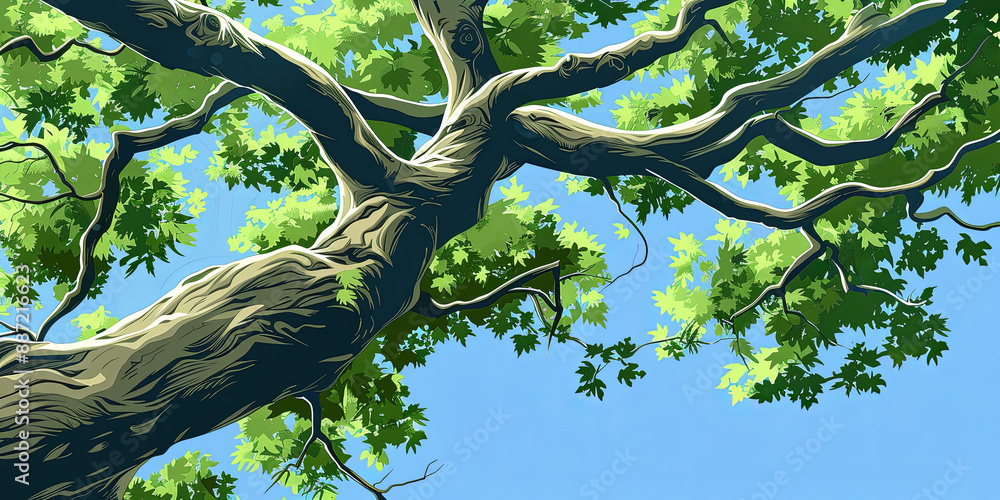 Wall mural the large branch of the tree stretched out its leaves and branches, generative ai