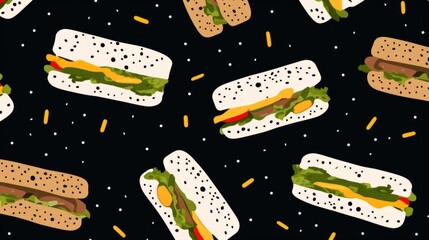 A black background with many cartoon sandwiches of various colors and toppings floating around