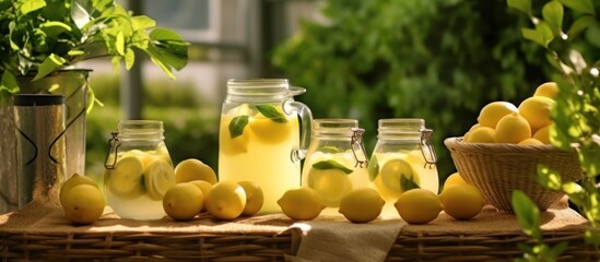 Lemonade Jars and Lemons on a Wicker Table