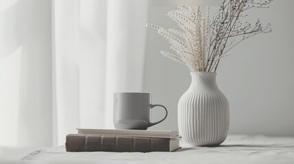Scandinavian Style Still Life with Gray Cup White Vase and Books