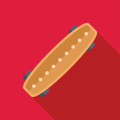 Skateboard with long shadow on red background, longboard for extreme city sports and urban lifestyle