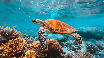 Turtle swimming in the ocean Below is a beautiful coral reef. The water was blue and the sun was shining on the turtle.