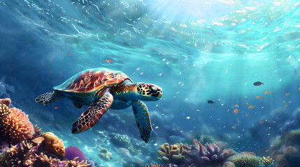 Fototapeta premium Turtle swimming in the ocean Below is a beautiful coral reef. The water was blue and the sun was shining on the turtle.