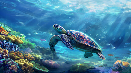 Obraz premium Turtle swimming in the ocean Below is a beautiful coral reef. The water was blue and the sun was shining on the turtle.