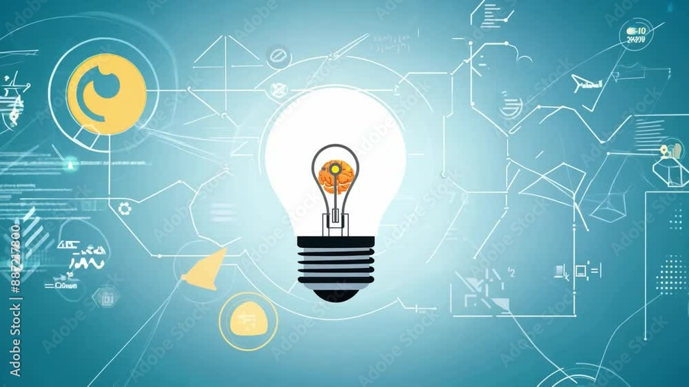 Poster a white light bulb icon is centered on a blue background with abstract white lines and shapes.