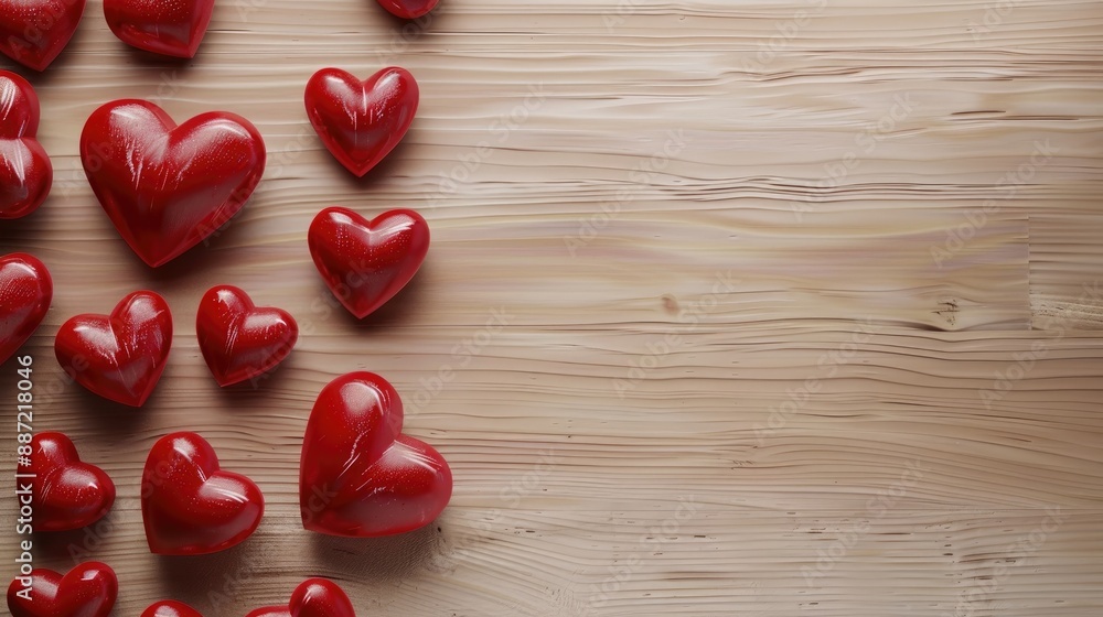 Poster red heart shapes on a light wood backdrop ready for text overhead view high resolution image