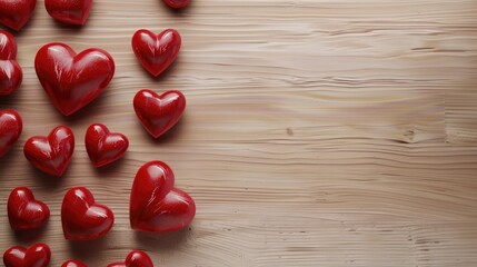 Red heart shapes on a light wood backdrop ready for text Overhead view High resolution image