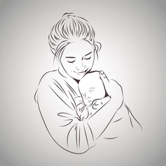 Mother and baby line art. Mom hugs the child. Motherhood and newborn concept. Happy mother line vector illustration. maternity. Child loving parents, happy mother's day design for card. mother and dau