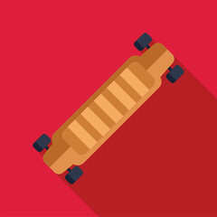 Longboard standing on red background with long shadow, simple flat design