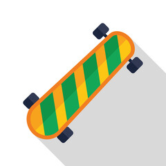 Orange longboard with green and yellow stripes standing on asphalt in flat design with long shadow