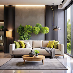 Interior of living room with green houseplants and sofas