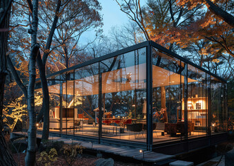 Completely transparent glass house in autumn forest