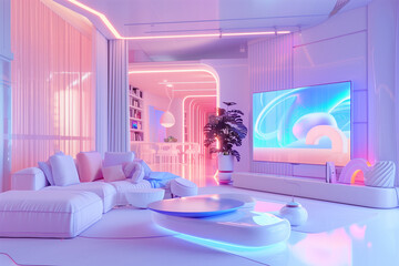 Modern minimal living room with home entertainment set up. Decorate with furniture. Home theater room. interior futuristic design of modern living room