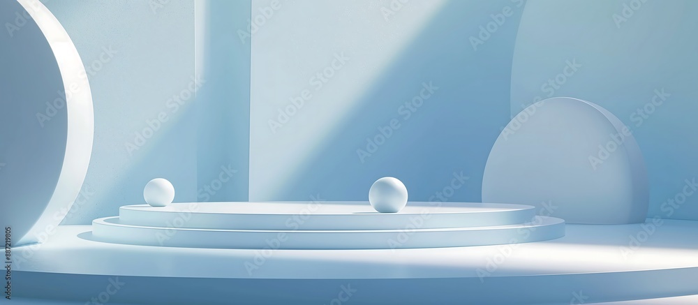 Poster blue and white abstract stage a 3d stage with a blue platform and white abstract shapes, set in a mi