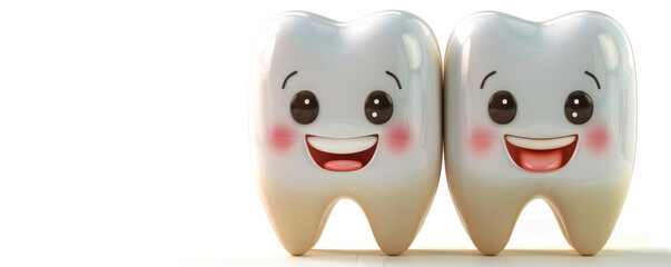 Fototapeta premium Two teeth with smiling faces on them. The teeth are white and appear to be healthy. Concept of happiness and positivity