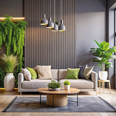 Interior of living room with green houseplants and sofas