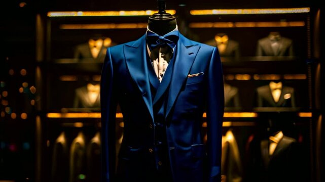 An isolated blue suit tuxedo is displayed on a mannequin against a black background.