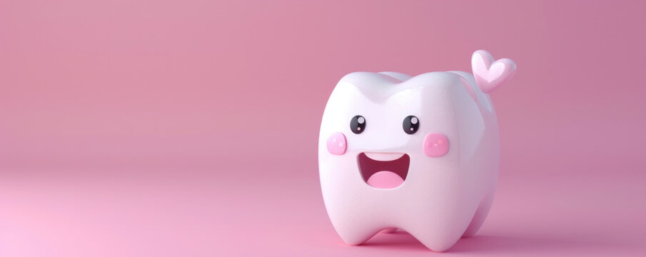 A cartoon tooth is smiling on a pink background. The tooth is white and has a pink heart on its side
