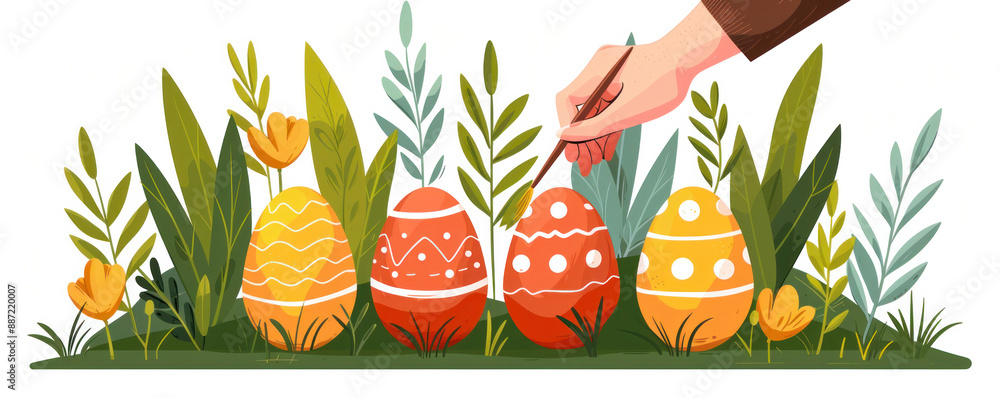 Poster a hand is drawing eggs in a garden. the eggs are painted in different colors and are placed in a row