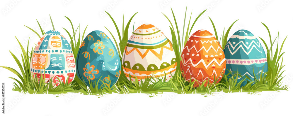 Poster a row of painted eggs are sitting in a field of grass. the eggs are of different colors and sizes, a