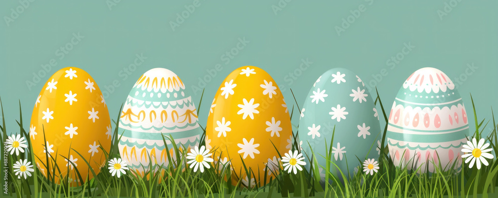 Poster a row of eggs with different colors and patterns are sitting in a field of grass. the eggs are surro