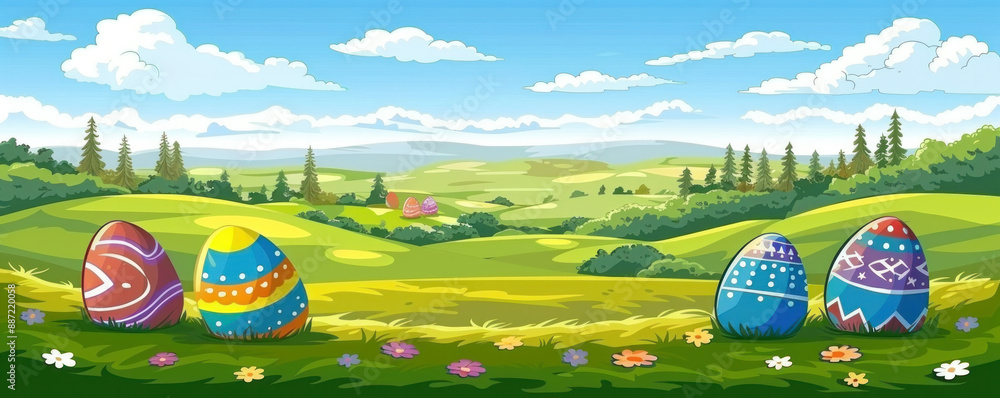 Poster a field with four eggs in the grass. the eggs are painted in different colors and are placed in a ro