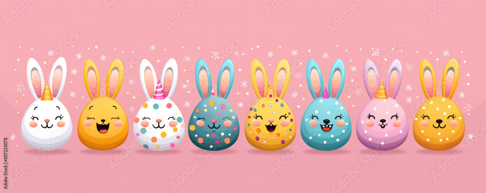 Poster a row of cartoon rabbits with different colored hats and faces. the rabbits are smiling and appear t
