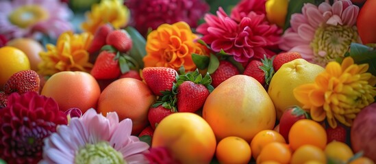 Fruit and Flower Combo Platform A combined display of colorful fruits and fresh flowers, offering a visually appealing and vibrant backdrop for products. 