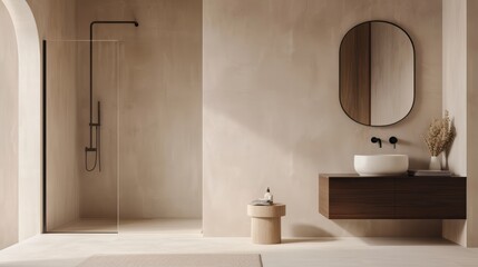 Modern Minimalist Bathroom with Wooden Vanity, Round Mirror, and Walk-in Shower in Neutral Tones