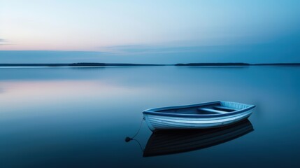 Naklejka premium Tranquil Evening Lake Scene with a Lone Rowboat Floating on Calm Waters at Sunset