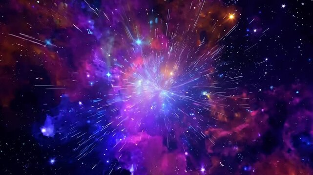 A bright white explosion with rays of light illuminates a dark space filled with purple, blue, and orange nebula clouds.