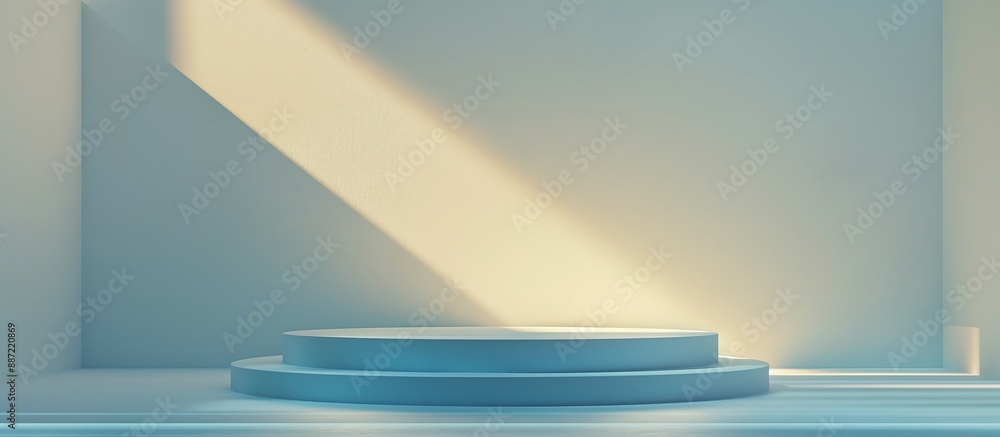 Poster stage with spotlight, soft blue podium with cream background a soft blue podium set against a cream 