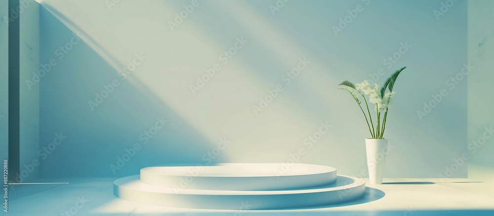 Aufkleber white vase on the table, soft blue podium with cream background a soft blue podium set against a cre