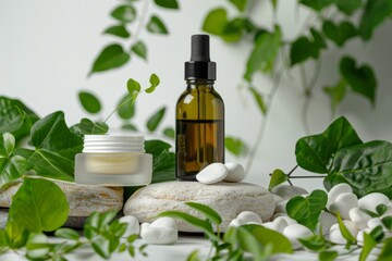 A glass dropper bottle and jar on rocks and greenery, copy space