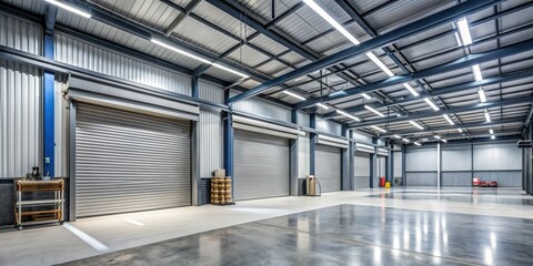 Modern industrial building interior featuring a large metal roller door with a rustic concrete floor, heavy-duty shelving units, and a high ceiling with exposed pipes.