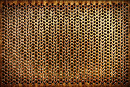 Retro style radio speaker grid texture with worn, rough surface featuring a mesh pattern of small holes, perfect as a unique, nostalgic background or design element.